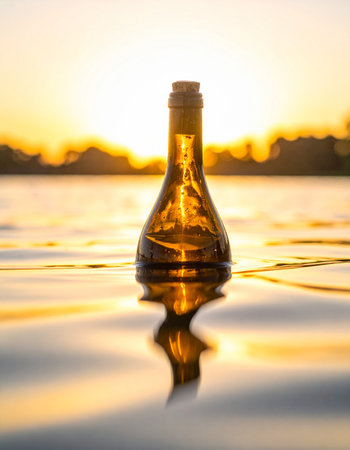 A lone bottle with a secret message inside floats on calm waters, carried by the gentle current into a golden sunset.の素材