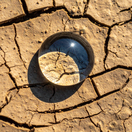 In a vast expanse of parched, cracked earth, a single, perfect sphere of water holds the reflection of the sun.の素材