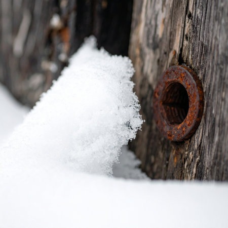 A close-up captures the stark contrast between delicate, fresh snow and the rugged texture of a weathered wooden post.の素材