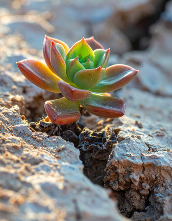 Bathed in the warm glow of golden hour light, a single, vibrant succulent demonstrates incredible resilience as it emerges from a crack in a rugged stone.の素材