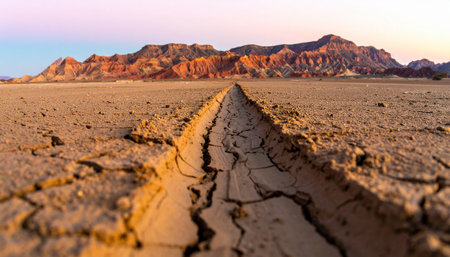 A deep crack in the parched earth creates a leading path through a vast, arid desert.の素材