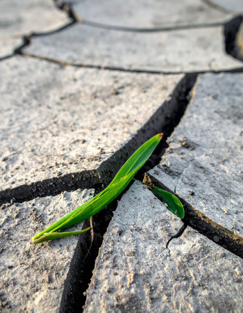 A single, vibrant green sprout pushes through the deep cracks of parched, barren earth.の素材