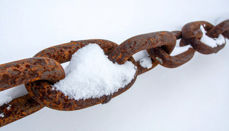A close-up of a heavy, corroded iron chain endures the harshness of winter, its rusty links dusted with fresh snow.の素材