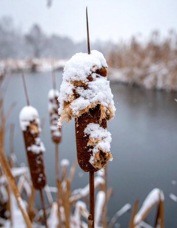 A gentle snowfall blankets cattails along the quiet edge of a pond, marking the serene arrival of winter.の素材