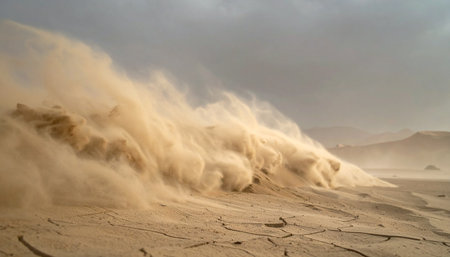 A colossal wall of sand and dust is whipped up by ferocious winds, sweeping across a desolate desert landscape.の素材