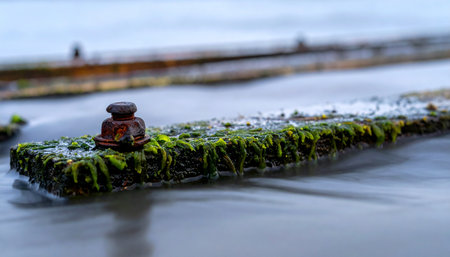 A close-up, detailed shot of a weathered piece of wood on a wet, sandy beach.の素材