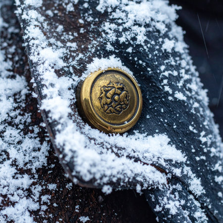 A detailed macro shot captures a moment of quiet stillness as fresh snowflakes dust an ornate brass button on a heavy wool coat.の素材