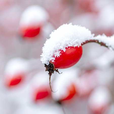 A vibrant red rosehip offers a splash of color against a soft winter backdrop, its surface delicately frosted with a fresh layer of crystalline snow.の素材