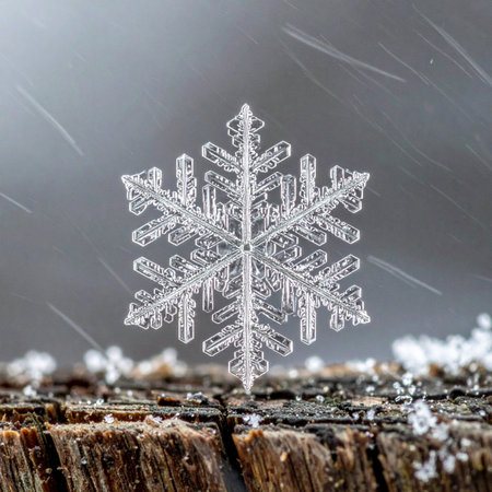 A single, perfect snowflake, a masterpiece of natural geometry, rests delicately on a rustic wooden surface.の素材