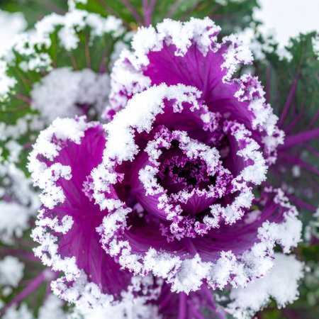 A close-up view captures the stunning resilience of nature as a vibrant purple ornamental kale stands proudly in a winter garden.の素材