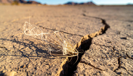 In the warm glow of a setting sun, a lone, fragile tumbleweed rests in a deep fissure of the sun-scorched earth.の素材