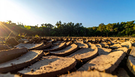 Golden sunlight casts long shadows across the deeply cracked surface of a dried riverbed.の素材