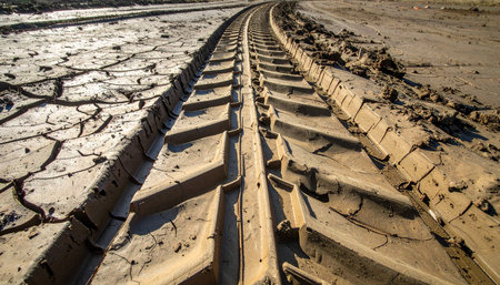 A deep tire track carves a path through the parched, cracked earth of a dry lakebed.の素材