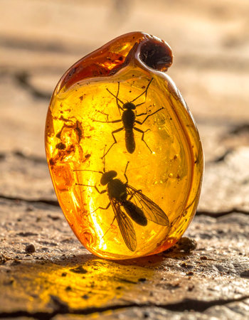 A moment frozen for millions of years. Two prehistoric insects are perfectly preserved within a glowing piece of ancient amber, a natural time capsule holding the secrets of a long-lost world.の素材