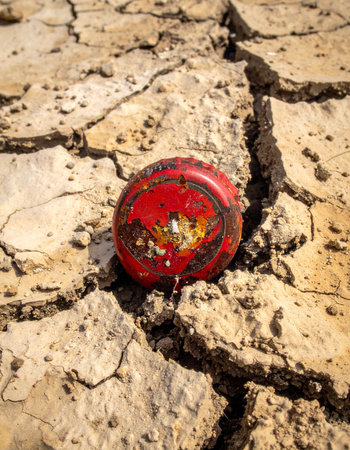 Forgotten and discarded, a weathered red plastic cap lies embedded in the parched, cracked ground.の素材