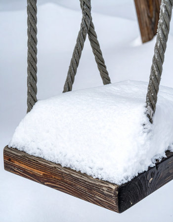 A thick blanket of fresh snow covers an empty wooden swing, capturing a quiet, still moment of winter. The playground is silent, waiting patiently for the return of warmer days and joyful laughter.の素材