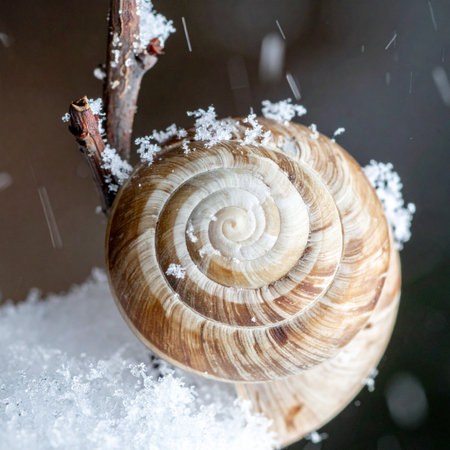 A detailed macro shot captures the quiet beauty of a snail's shell resting on a snowy branch during a gentle winter snowfall.の素材
