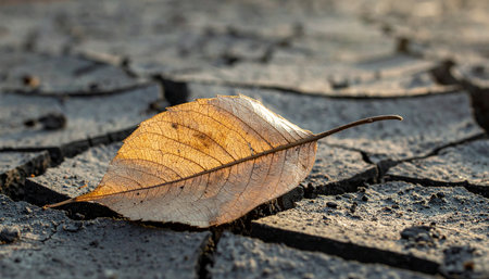A single, golden autumn leaf rests on the parched, cracked earth, a fragile symbol of life's cycle against a backdrop of severe drought.の素材