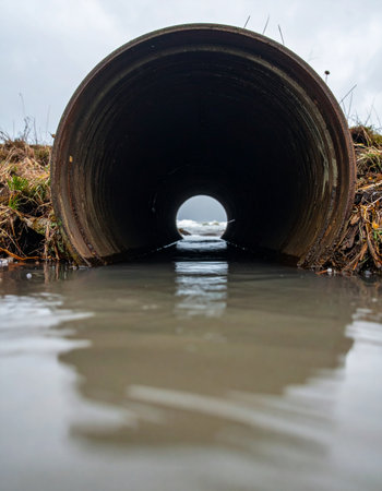 A view from inside a dark, concrete stormwater pipe looking out towards the light. Murky water in the foreground reflects the circular passage, creating a sense of journey or transition.の素材
