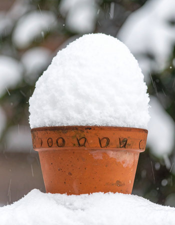 A terracotta flower pot stands silently in the garden, wearing a fresh cap of winter snow.の素材