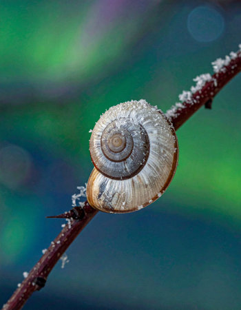 A close-up, macro perspective captures the delicate beauty of a tiny snail.の素材