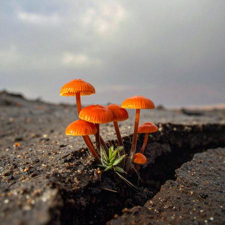 In a seemingly lifeless, cracked landscape, a vibrant cluster of orange mushrooms pushes through the earth, a powerful symbol of resilience, hope, and the tenacity of life finding a way to thrive aga.の素材