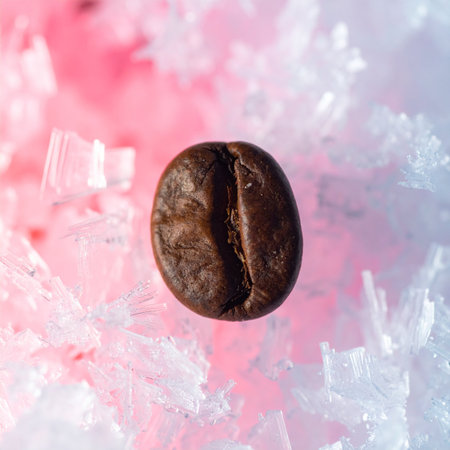 A single, perfectly roasted coffee bean rests on a surreal landscape of delicate pink and white ice crystals.の素材