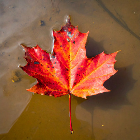 A single, brilliantly colored red maple leaf rests on the still, murky surface of an autumn puddle.の素材