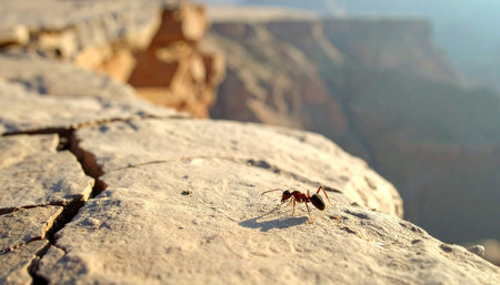 A lone ant embarks on a journey across a vast, sun-drenched rock, its tiny form casting a long shadow against the backdrop of a grand canyon.の素材