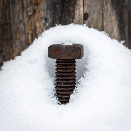 A forgotten, rusty industrial bolt stands resilient against the cold, its dark, weathered texture a stark contrast to the soft, fresh snow that surrounds it.の素材