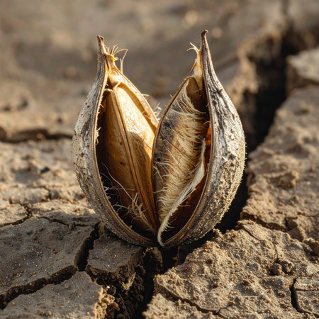 In a sun-scorched landscape of cracked earth, a single dry seed pod bursts open, a testament to nature's resilience.の素材