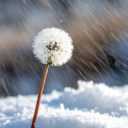 A single, delicate dandelion seed head stands defiant against the odds, its fragile form dusted with snow as a cold winter rain falls.の素材