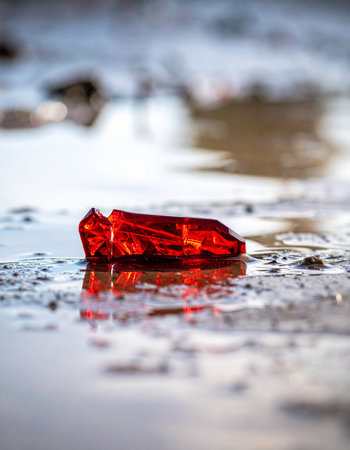 A single, vibrant red shard, like a lost jewel, rests in a shallow puddle on the pavement.の素材