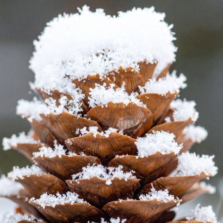 A detailed macro shot captures the delicate beauty of a pinecone receiving its first dusting of fresh winter snow.の素材
