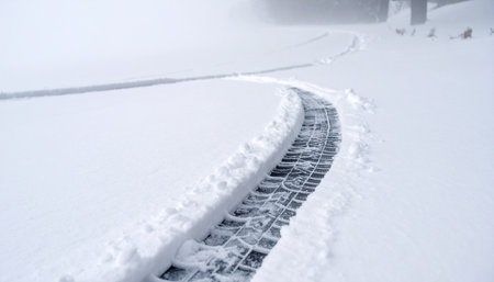 A single snowmobile track carves a path through a desolate, snow-covered landscape during a heavy blizzard.の素材