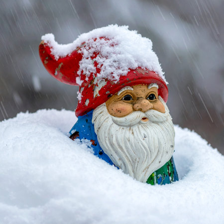 A charming garden gnome figurine with a bright red hat finds itself partially buried in a deep blanket of fresh snow during a winter storm.の素材