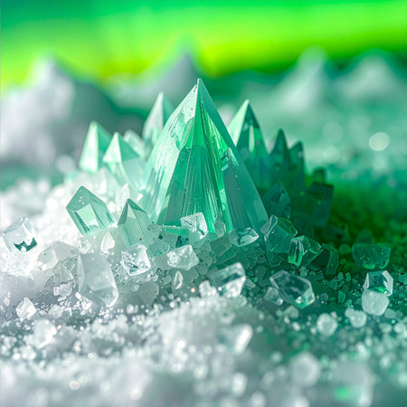 A magnificent cluster of green crystals emerges from a pristine, icy landscape, bathed in the ethereal glow of an otherworldly light.の素材