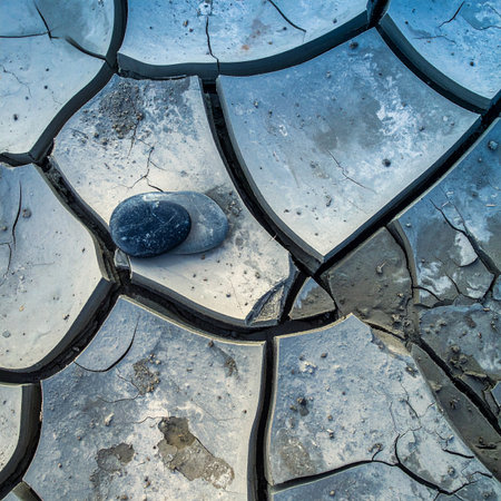 A single smooth, dark stone rests in the intricate mosaic of dry, cracked earth.の素材