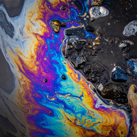 A mesmerizing display of psychedelic colors swirls across a dark, wet surface.の素材