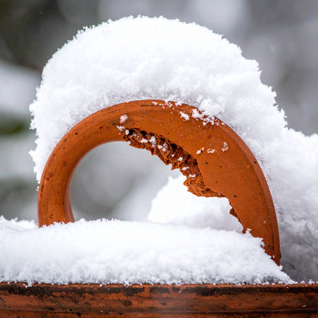 A quiet winter morning in the garden, where a forgotten terracotta pot receives a soft blanket of fresh snow.の素材