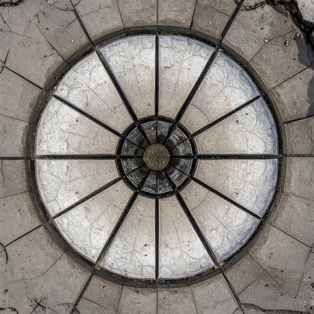 Looking up through time, a weathered circular skylight offers a glimpse of diffused light.の素材
