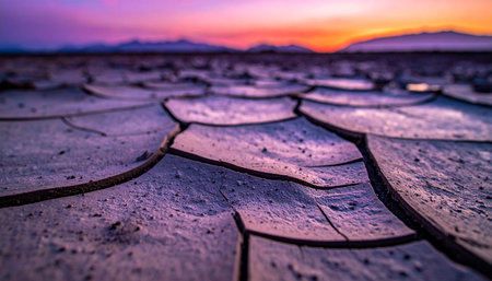 As the sun dips below the distant mountains, its last light paints the sky in dramatic shades of purple and orange.の素材
