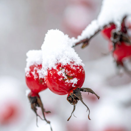 Vibrant red rose hips offer a splash of color against a muted winter landscape, each one delicately dusted with a fresh blanket of snow.の素材
