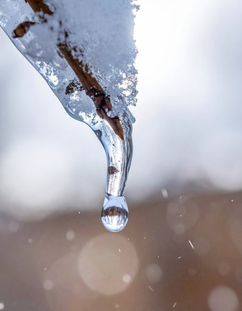 A macro photograph captures the precise moment a glistening water droplet prepares to fall from the tip of a melting icicle.の素材