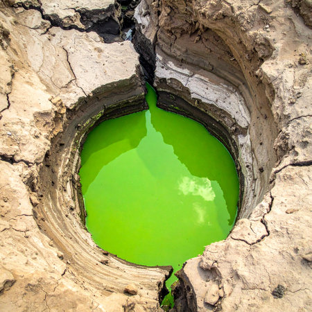 A stark, top-down view reveals a fissure in the parched, cracked earth, where a pool of unnaturally vibrant green liquid gathers.の素材