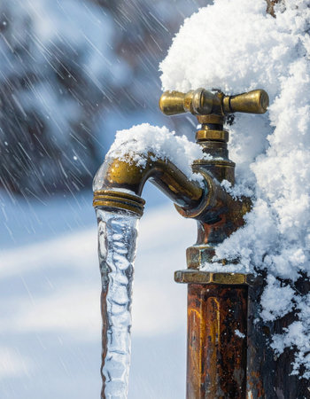 A sudden, deep freeze catches an outdoor brass tap unprepared, freezing the water mid-flow into a solid icicle.の素材
