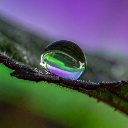 A single, perfect sphere of morning dew clings to the edge of a leaf, capturing the world within its tiny lens.の素材
