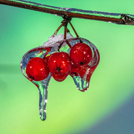 A trio of brilliant red berries is captured in a delicate shell of clear ice, a beautiful moment of winter's preservation.の素材