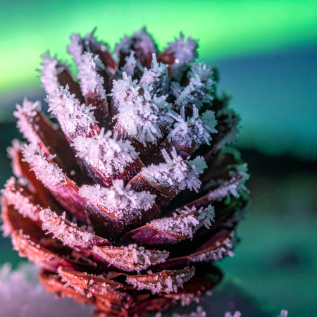 A single pinecone, kissed by winter's first deep frost, rests on an icy surface.の素材