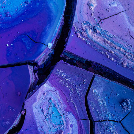 A mesmerizing macro view of a dried, cracked surface, glowing in vibrant shades of electric blue and deep purple.の素材